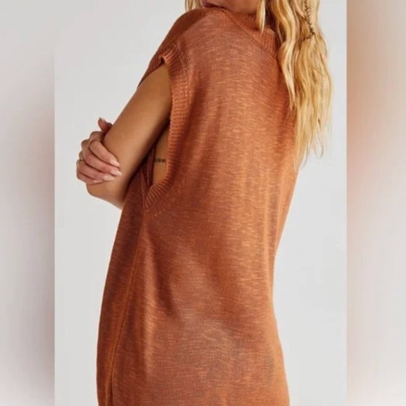 Free People Hannah Oversized Tunic Sweater Vest Knit Bronze V-Neck Size XS - Picture 3 of 9